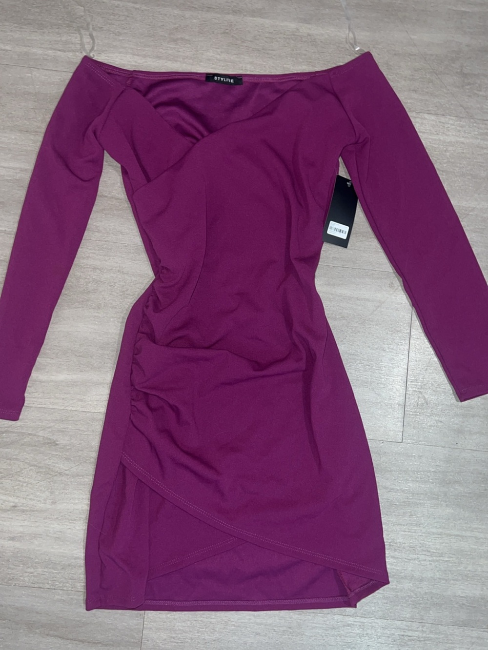 Off-Shoulder Long Sleeve Mini Dress in Magenta by